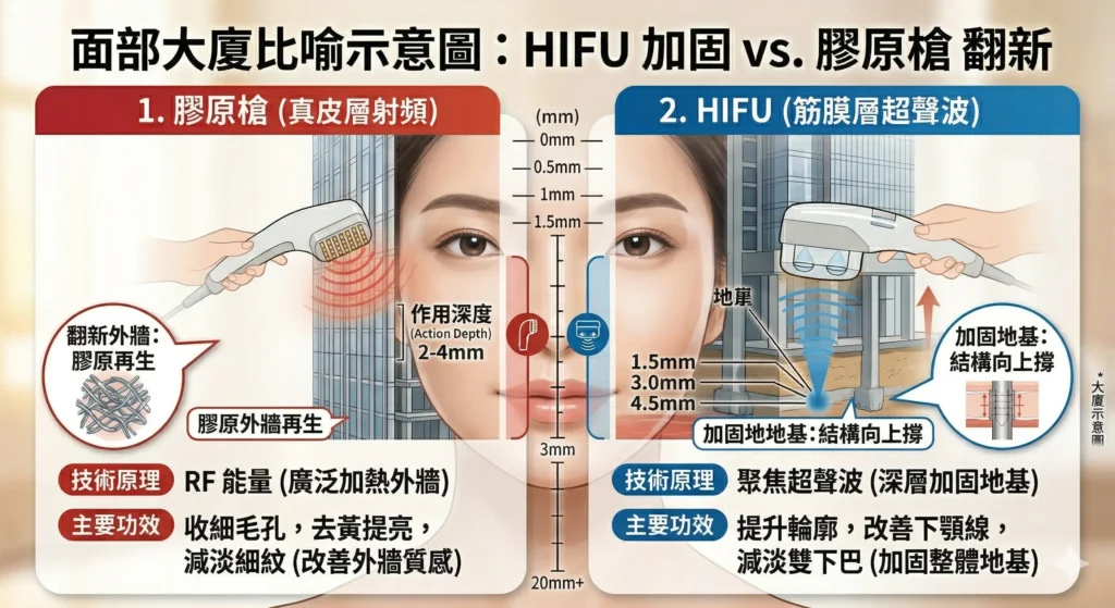 膠原槍 vs HIFU 分別 — 大廈比喻解釋真皮層同筋膜層 | Chill Relax HK 觀塘美容