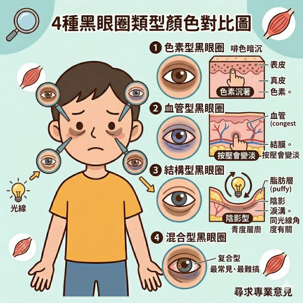 黑眼圈成因 — 色素型血管型結構型混合型4大類型顏色對比 | Chill Relax HK 觀塘美容