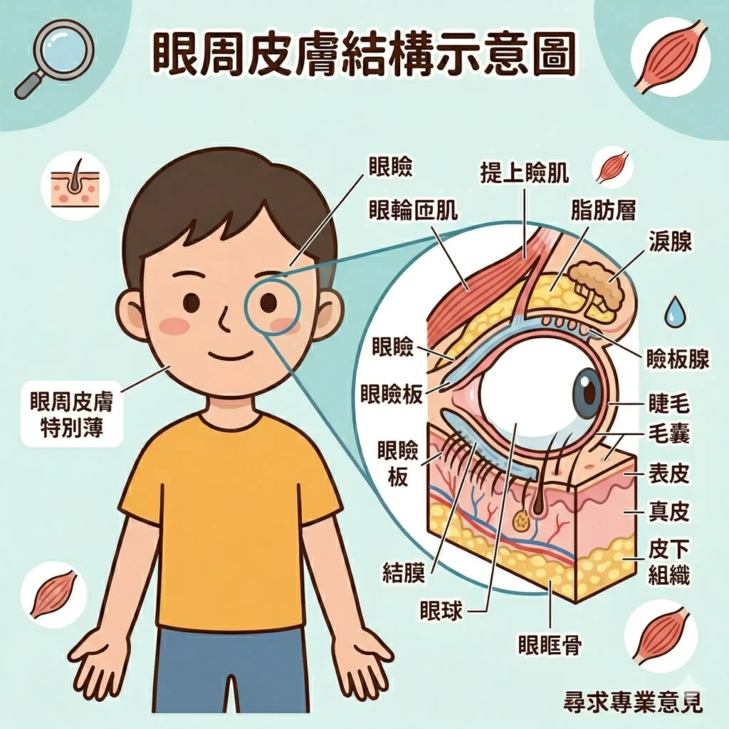 黑眼圈成因 — 眼周皮膚只有0.4mm厚度結構示意圖 | Chill Relax HK 觀塘美容