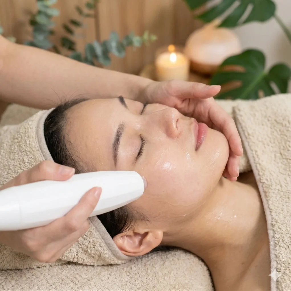 Facial 操作示意照片:美容師用白色探頭接觸面頰 | Chill Relax HK 觀塘美容