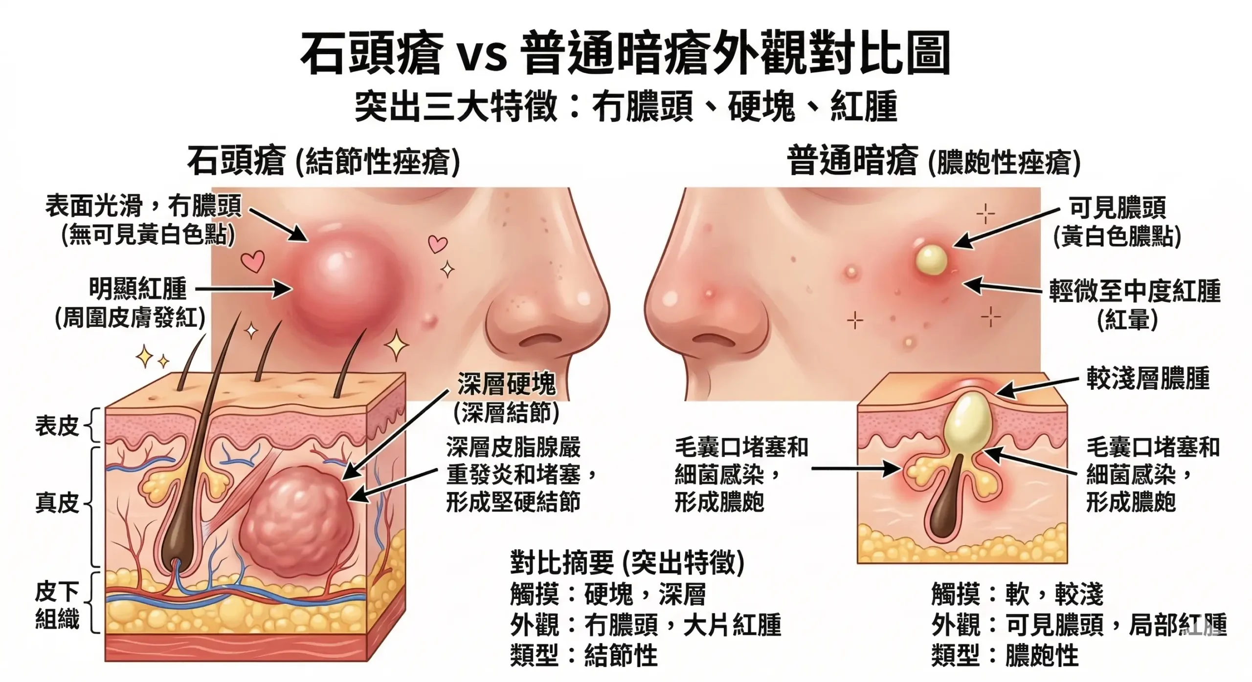 石頭瘡 vs 普通暗瘡對比 — 石頭瘡硬塊特徵圖解 | Chill Relax HK 觀塘美容