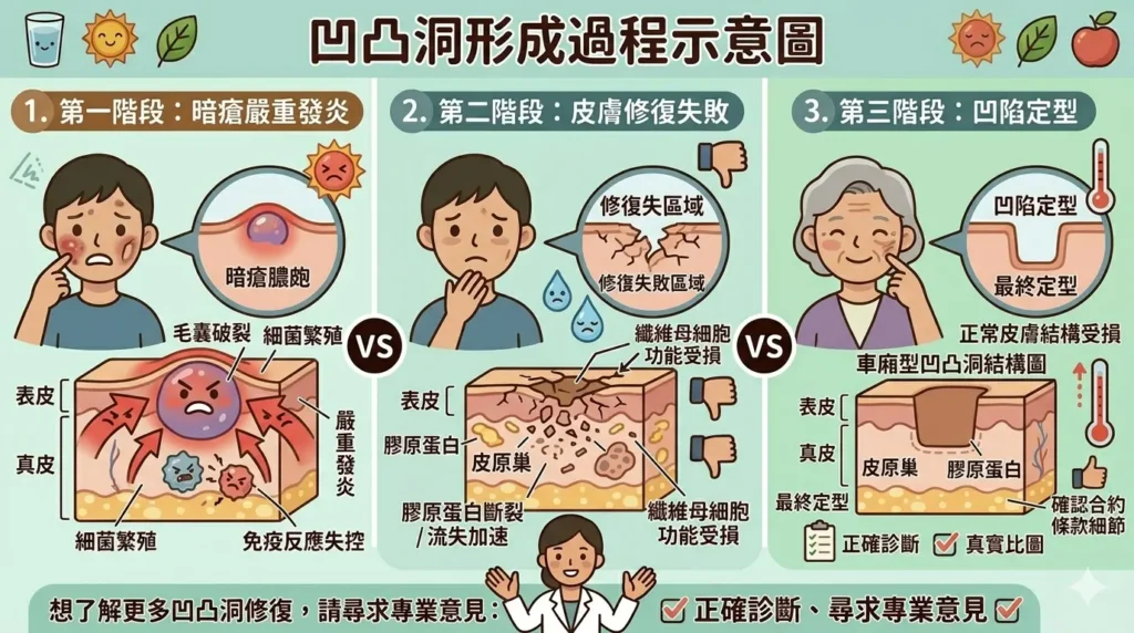 凹凸洞成因 — 暗瘡發炎到凹凸洞形成3階段示意圖 | Chill Relax HK 觀塘美容