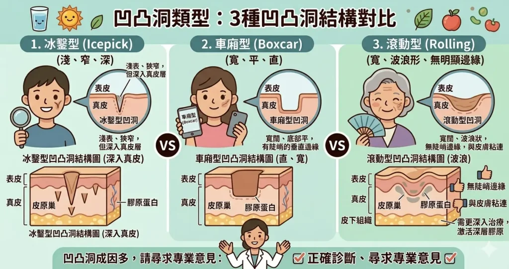 凹凸洞類型 — 冰鑿型車廂型滾動型3種凹凸洞對比 | Chill Relax HK 觀塘美容