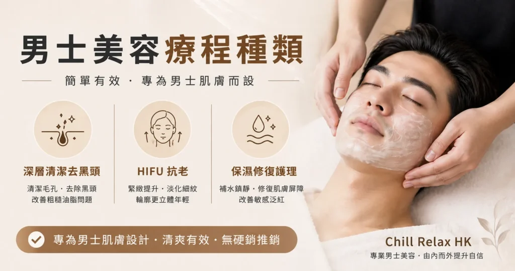 男士美容療程種類 — 深層清潔去黑頭 HIFU 抗老 | Chill Relax HK 觀塘美容