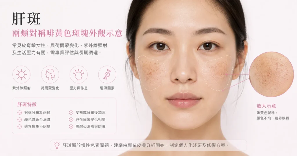 肝斑 — 兩頰對稱啡黃色斑塊外觀示意 | Chill Relax HK 觀塘美容