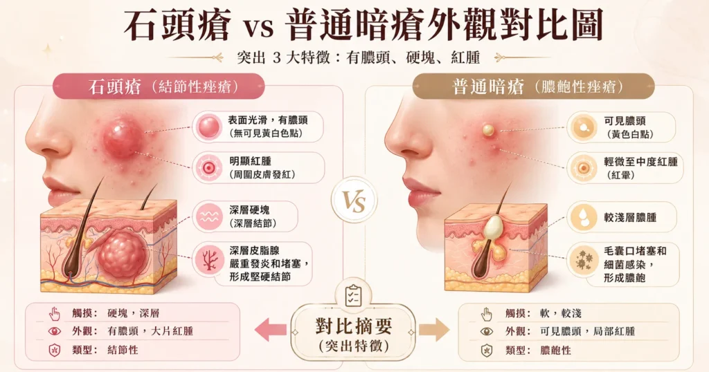 石頭瘡 vs 普通暗瘡對比 — 石頭瘡硬塊特徵圖解 | Chill Relax HK 觀塘美容