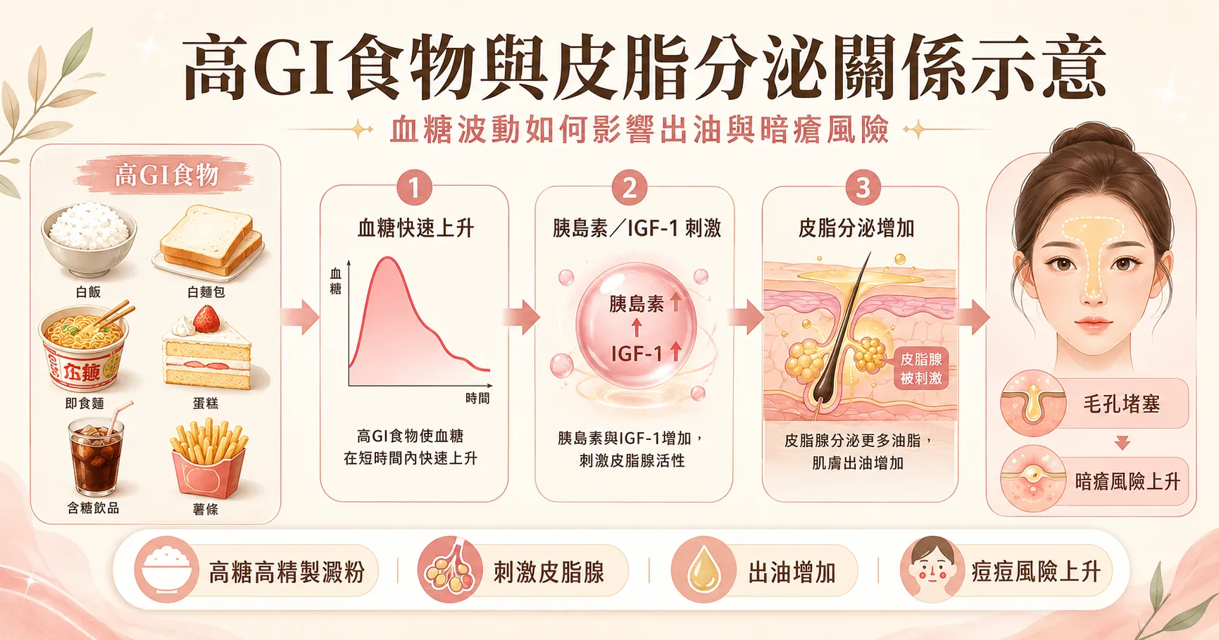 突然爆瘡原因 — 高GI食物刺激皮脂分泌示意圖 | Chill Relax HK 觀塘美容