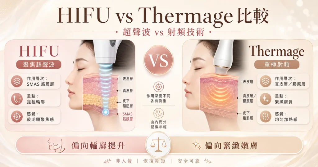 HIFU vs Thermage 比較 — 超聲波 vs 射頻技術原理示意 | Chill Relax HK 觀塘美容